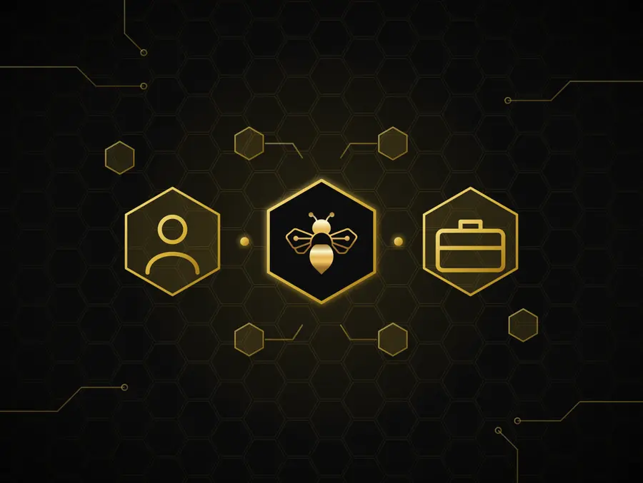 Gold line art: a candidate and a role connected through the TekkBee bee