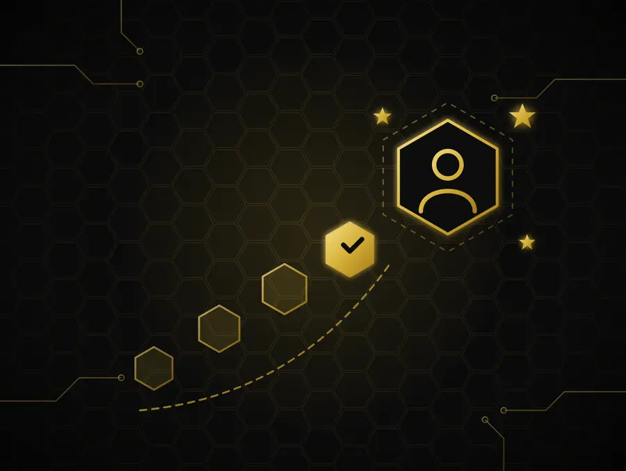 Gold line art: hexagon steps rising to a candidate at the top